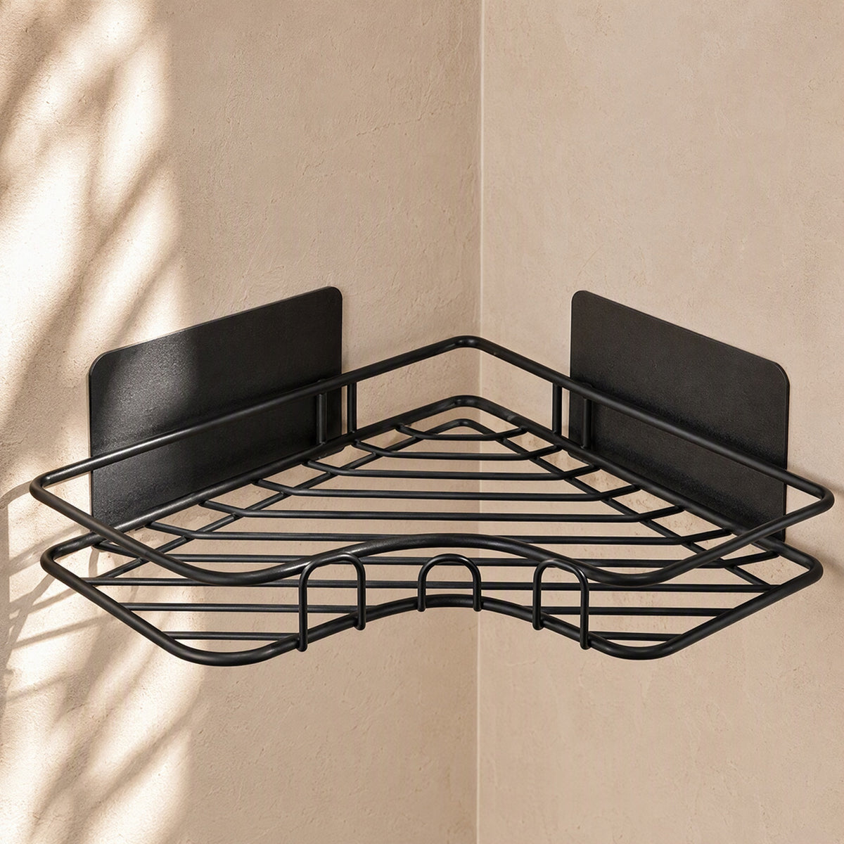 Steelnook™ Carbon Steel Bathroom Corner Rack, material and detail close-up