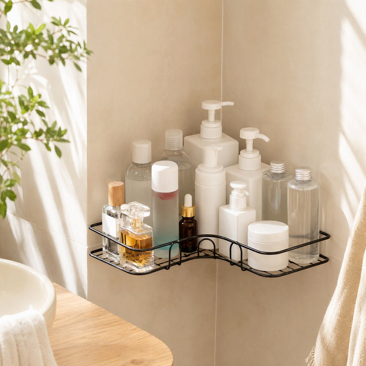 Steelnook™ Carbon Steel Bathroom Corner Rack in a calm home setting