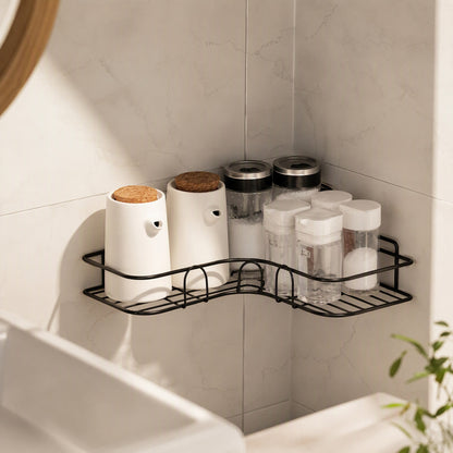 Steelnook™ Carbon Steel Bathroom Corner Rack, styled close view