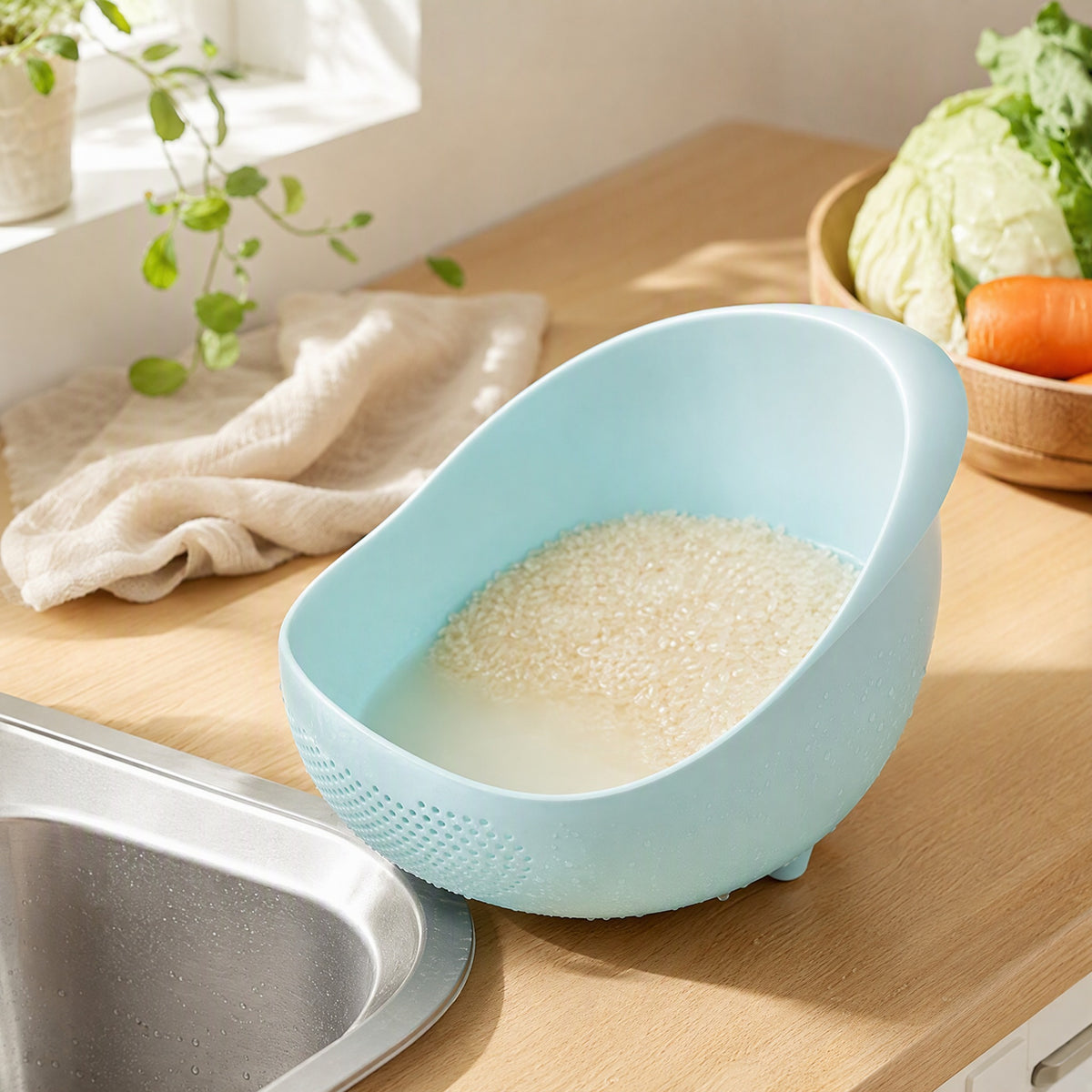 Leafdrain™ Plastic Vegetable Washing Basket in a calm home setting