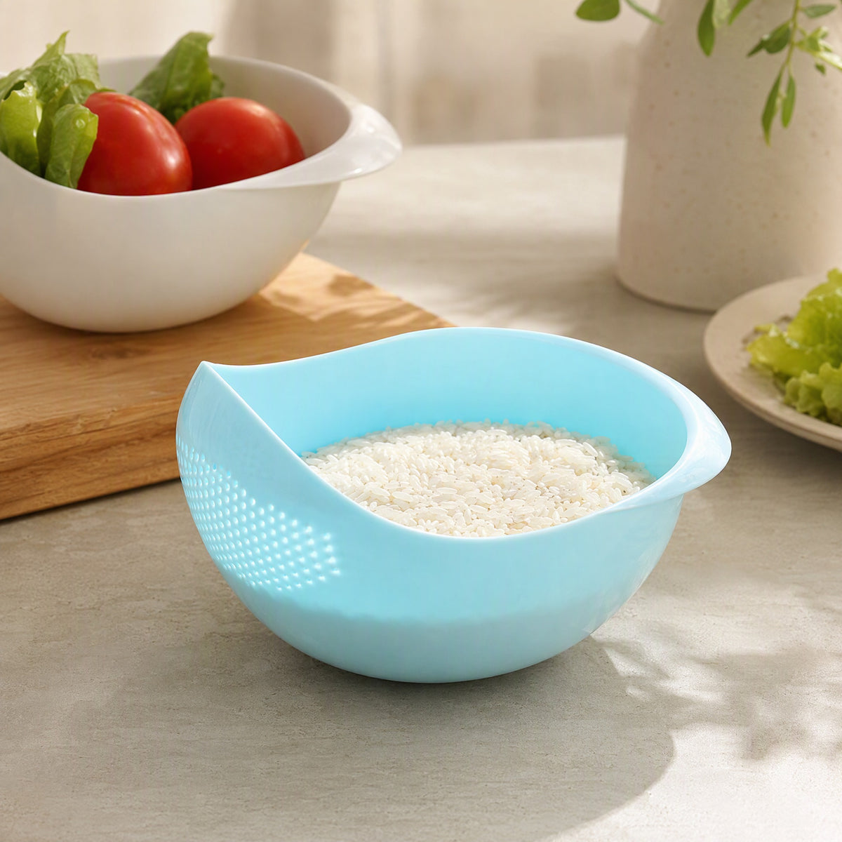 Leafdrain™ Plastic Vegetable Washing Basket, styled close view
