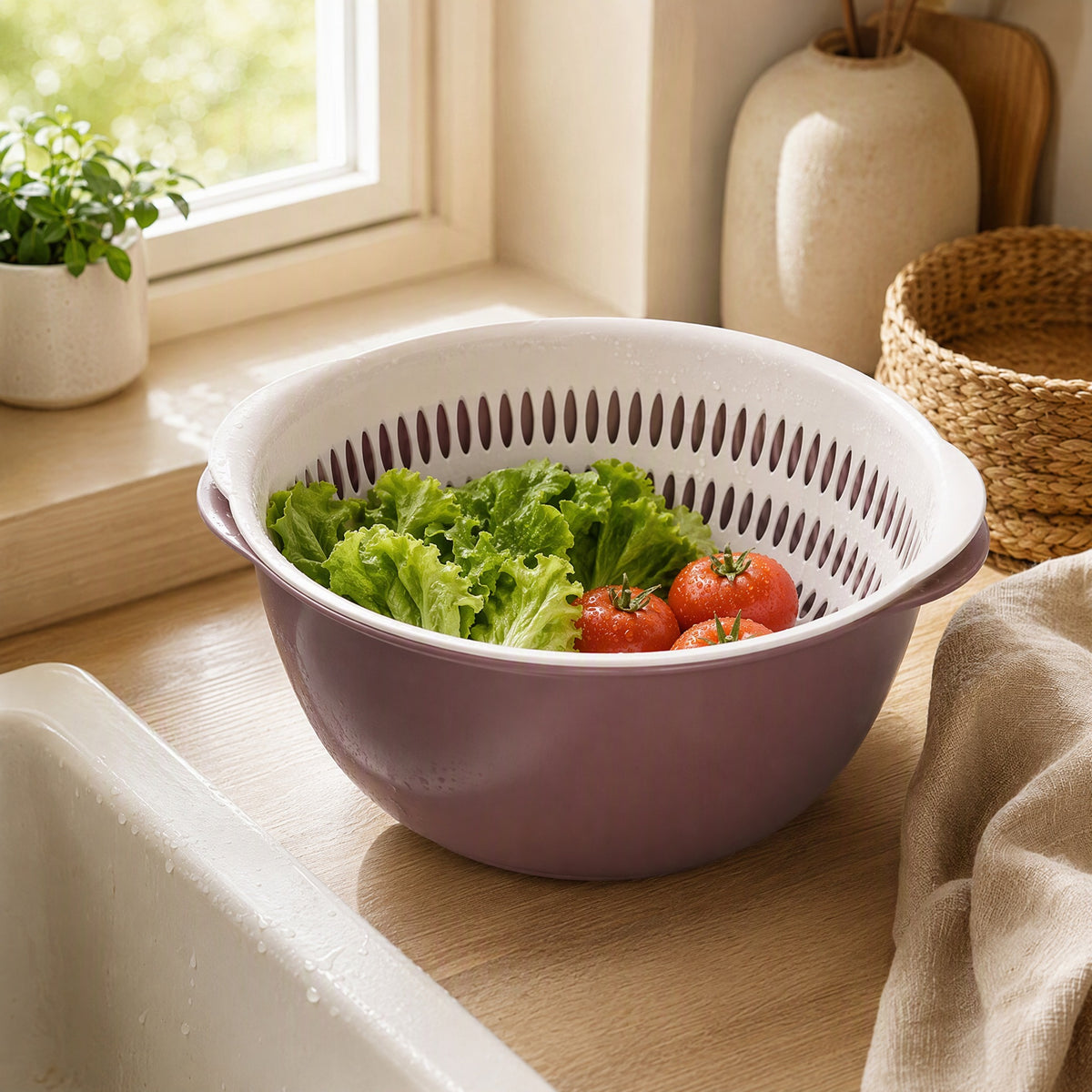 Freshbowl™ Plastic Vegetable Washing Basin in a calm home setting