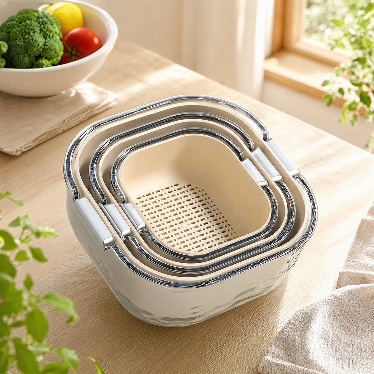 Vegwash™ Double Layer Vegetable Washing Basin in a calm home setting