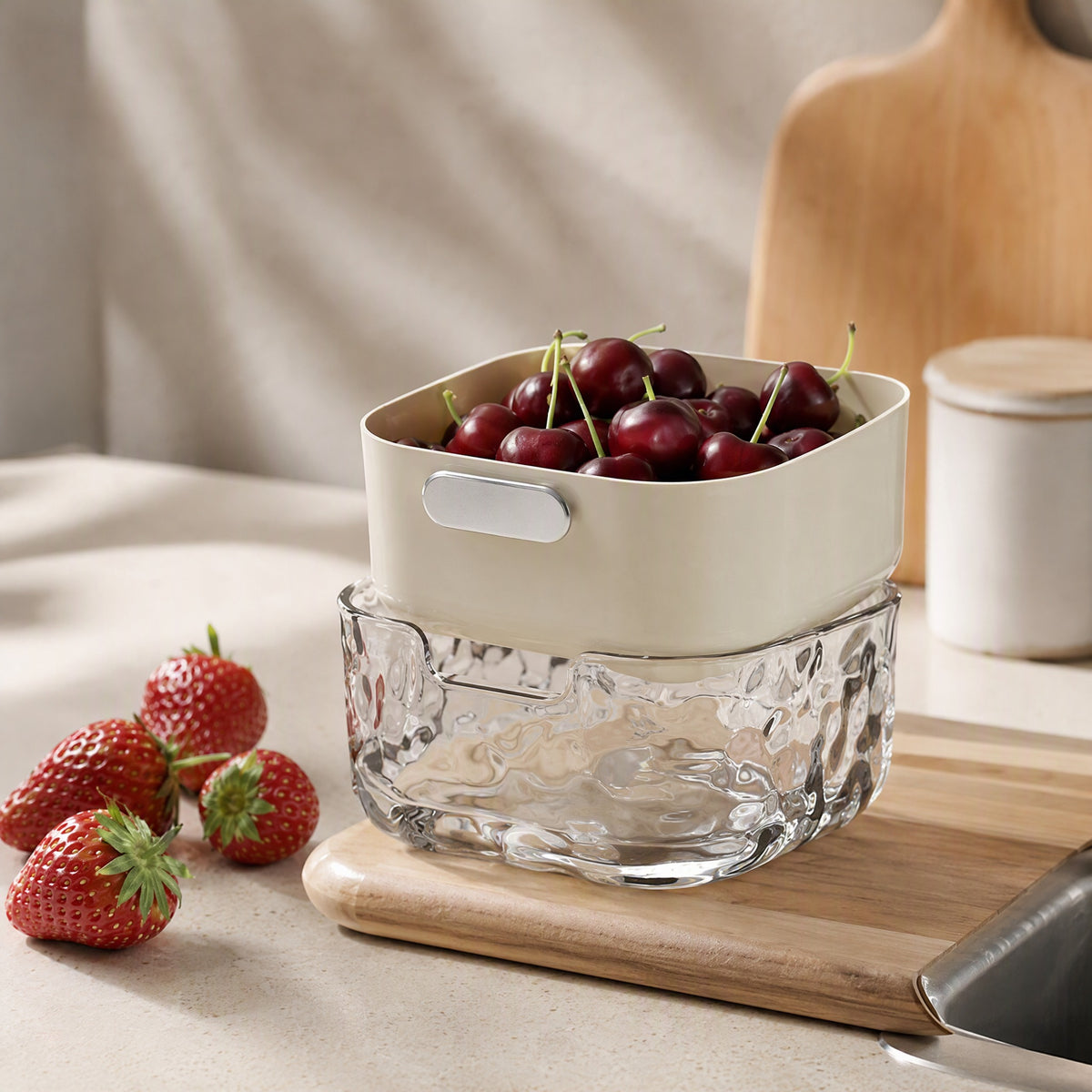Vegwash™ Double Layer Vegetable Washing Basin, styled close view