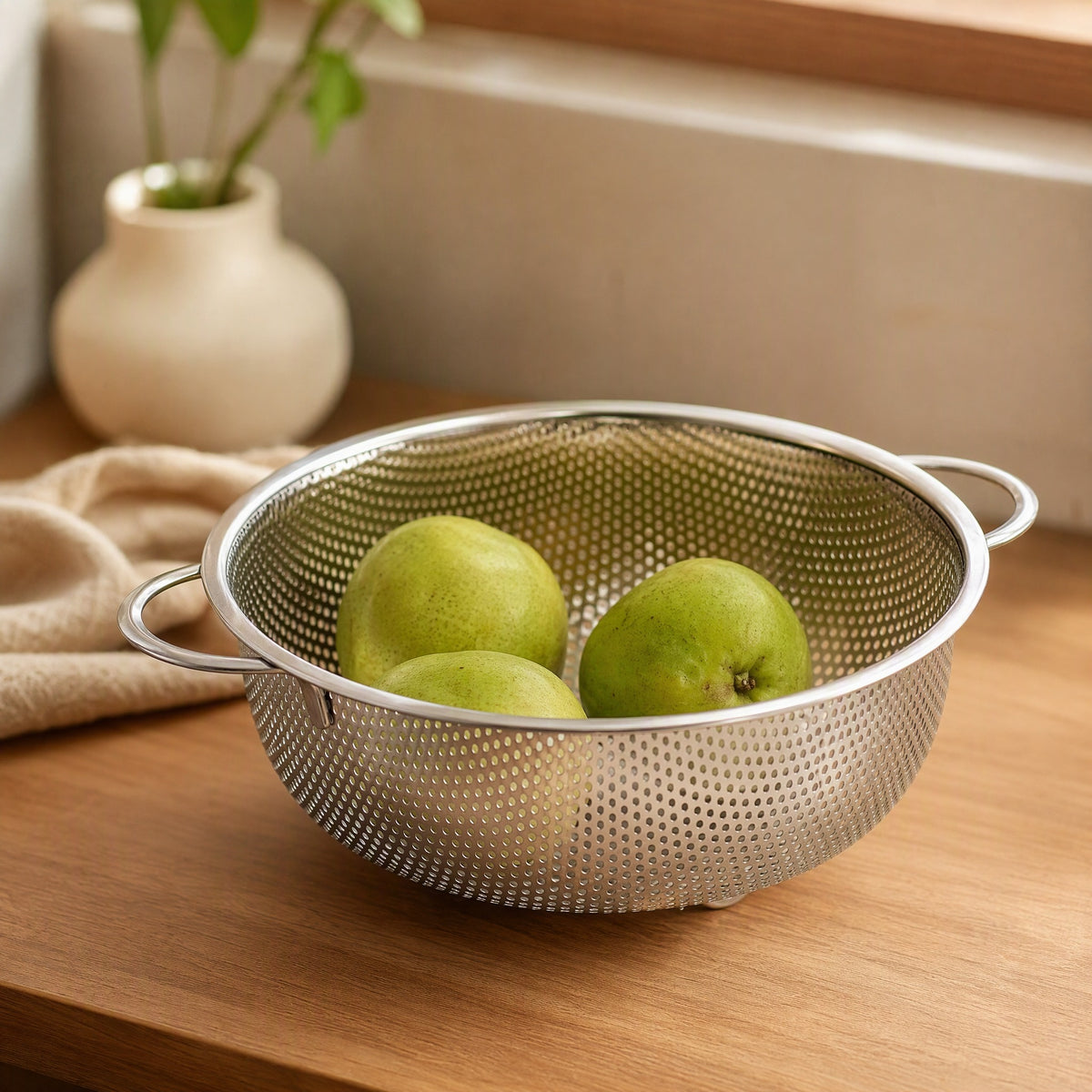 Rinsemesh™ Stainless Steel Drain Basket, styled close view