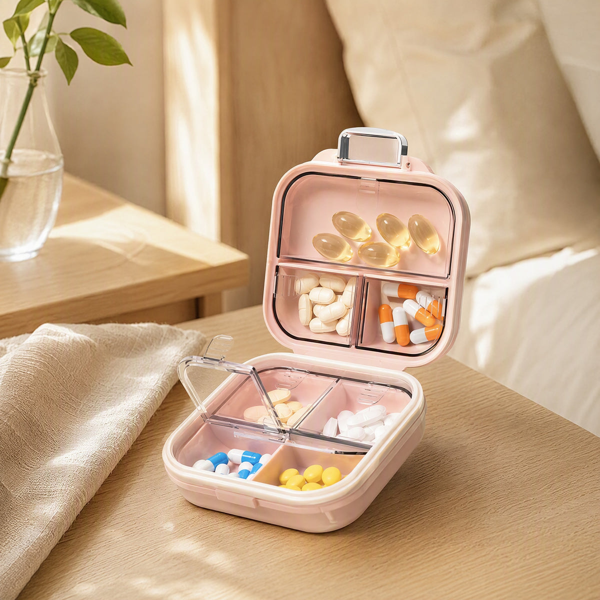 Doseweek™ Seven-Day Pill Box With 7 Compartments in a calm home setting