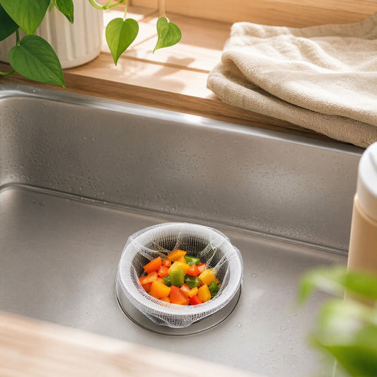 Tossveil™ Disposable Kitchen Sink Drain Strainer in a calm home setting