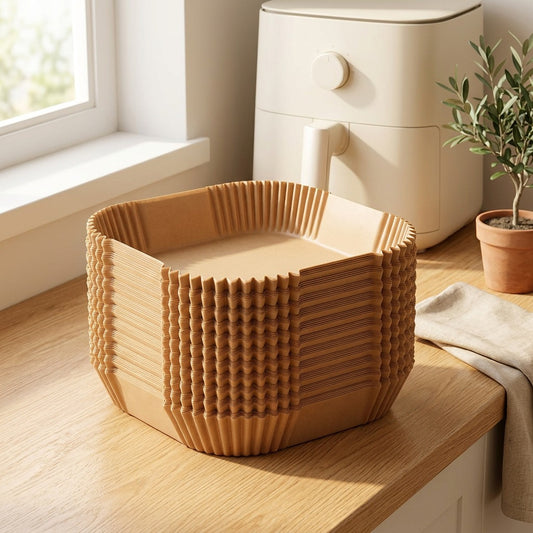 Woodcrisp™ Raw Wood Pulp Air Fryer Paper in a calm home setting
