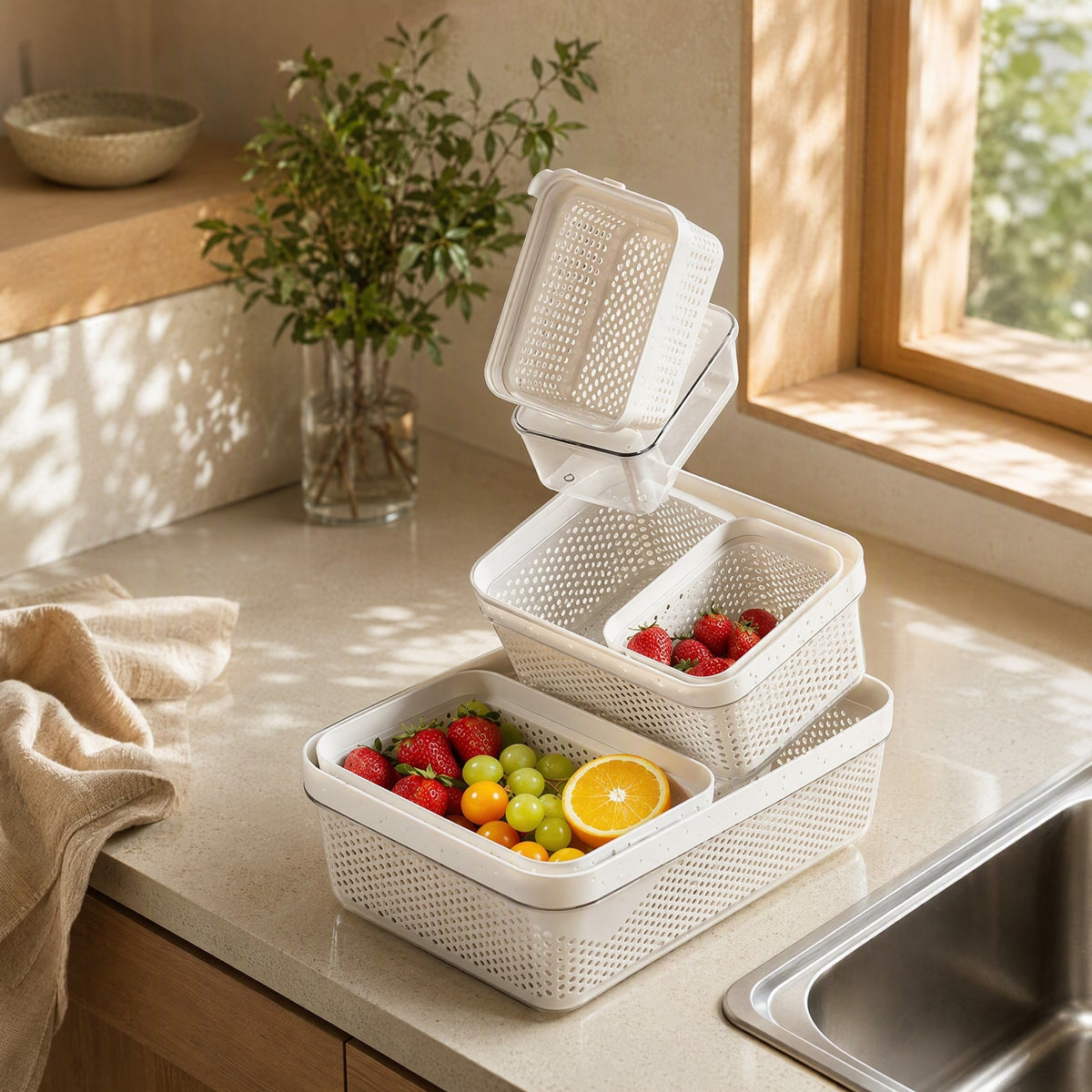 Twinrinse™ Double-Layer Vegetable Washing Basin in a calm home setting