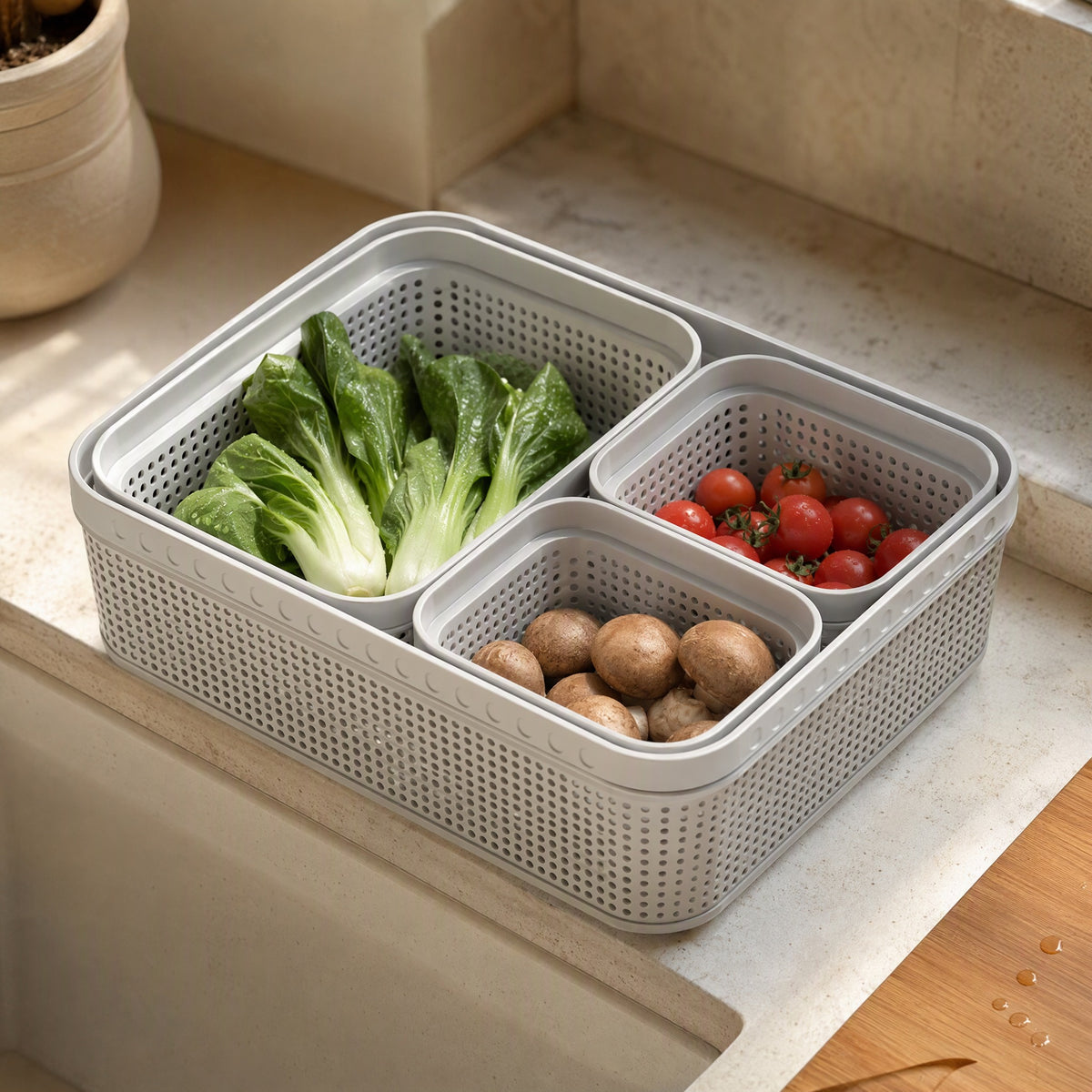 Twinrinse™ Double-Layer Vegetable Washing Basin, styled close view