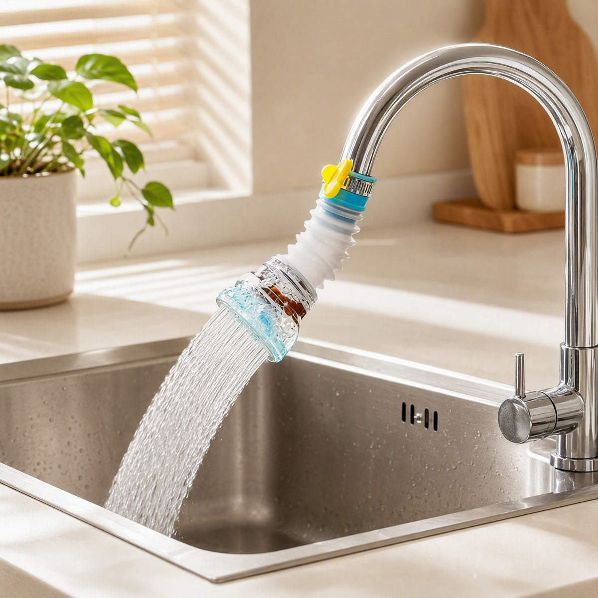 Swiveltap™ ABS Rotating Faucet Extension in a calm home setting