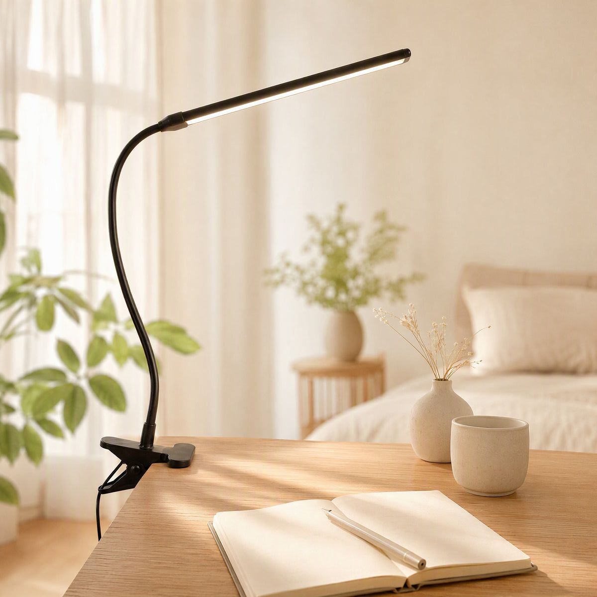 Clipbeam™ Clip-On LED Desk Lamp in a calm home setting