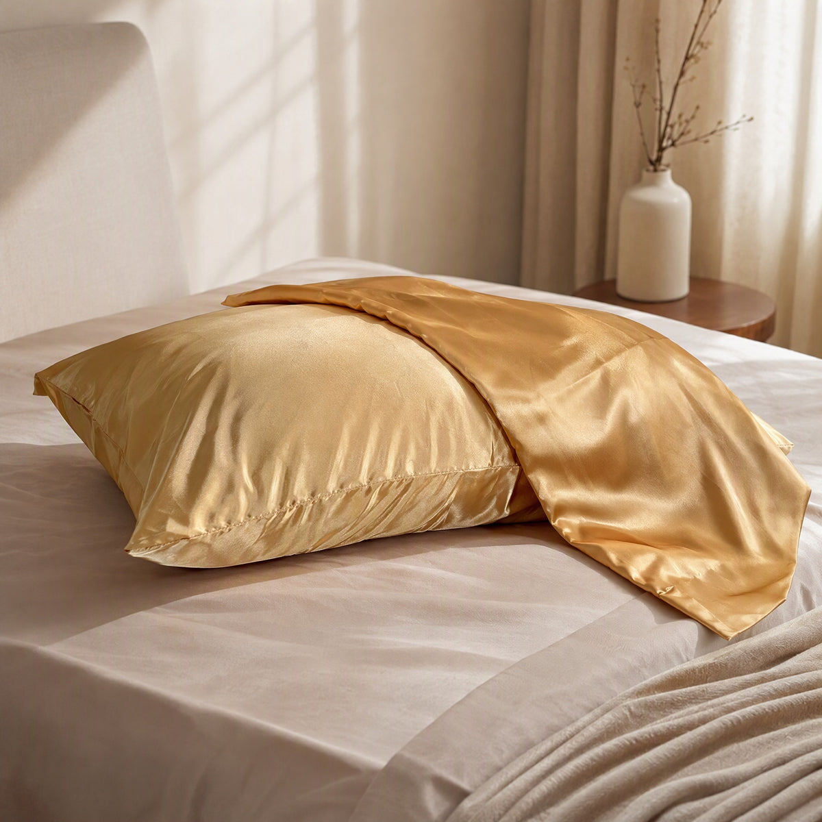 Silknap™ Simulated Silk Pillowcases, styled close view