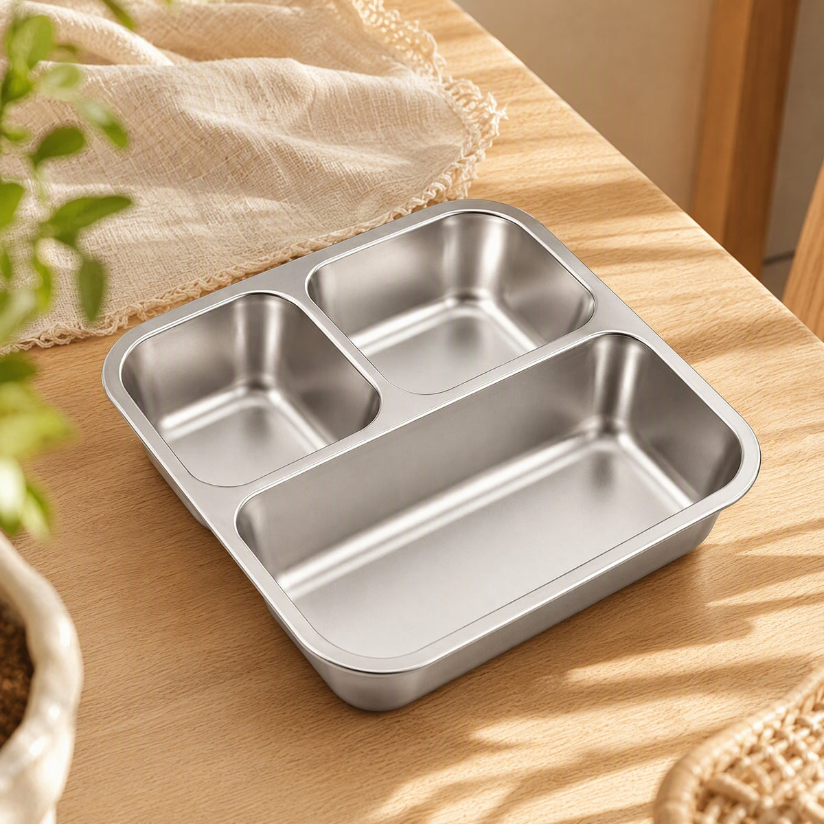 Mealdivide™ 304 Stainless Steel Divided Lunch Box in a calm home setting