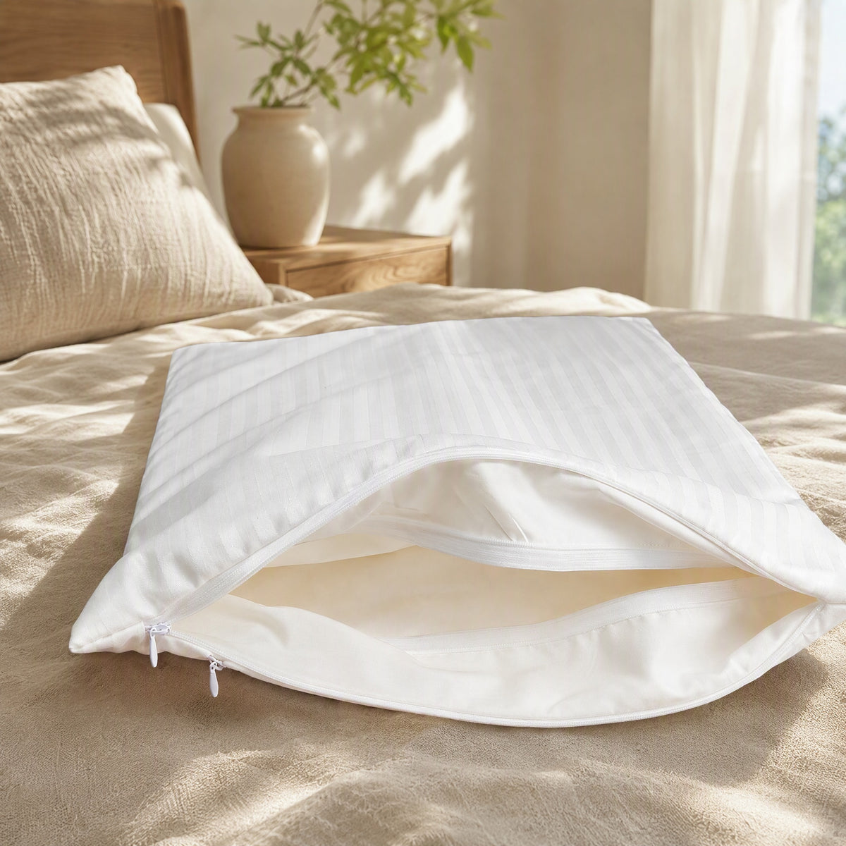 Pillowveil™ Double-Layer Pillow Insert Cover in a calm home setting