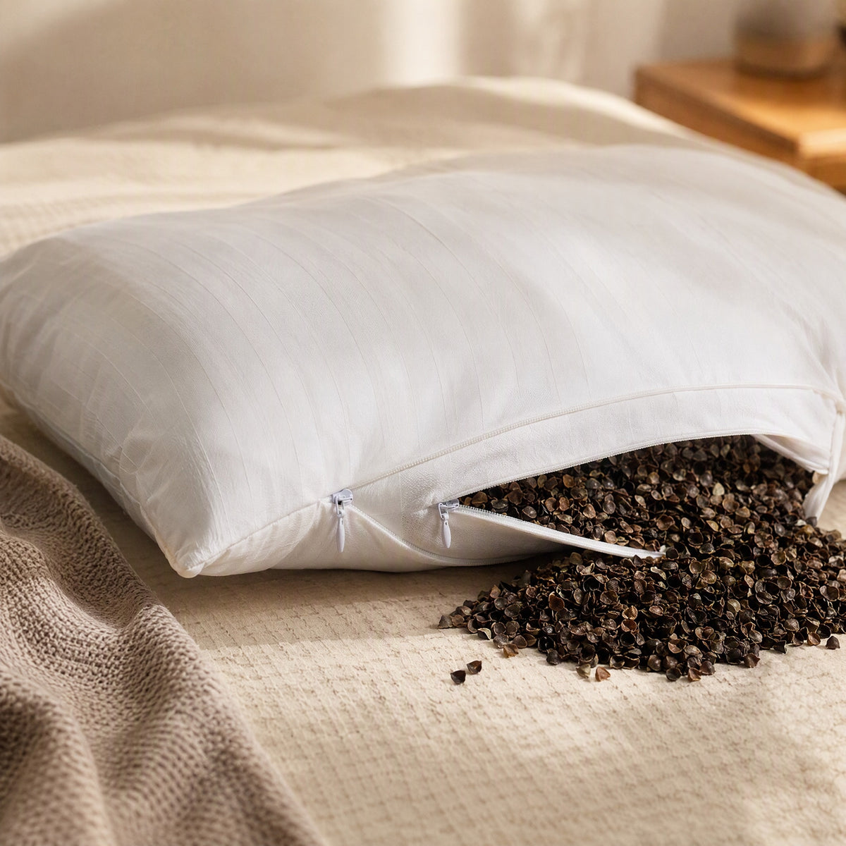 Huskfold™ Double-Layer Buckwheat Pillow Insert Cover, styled close view