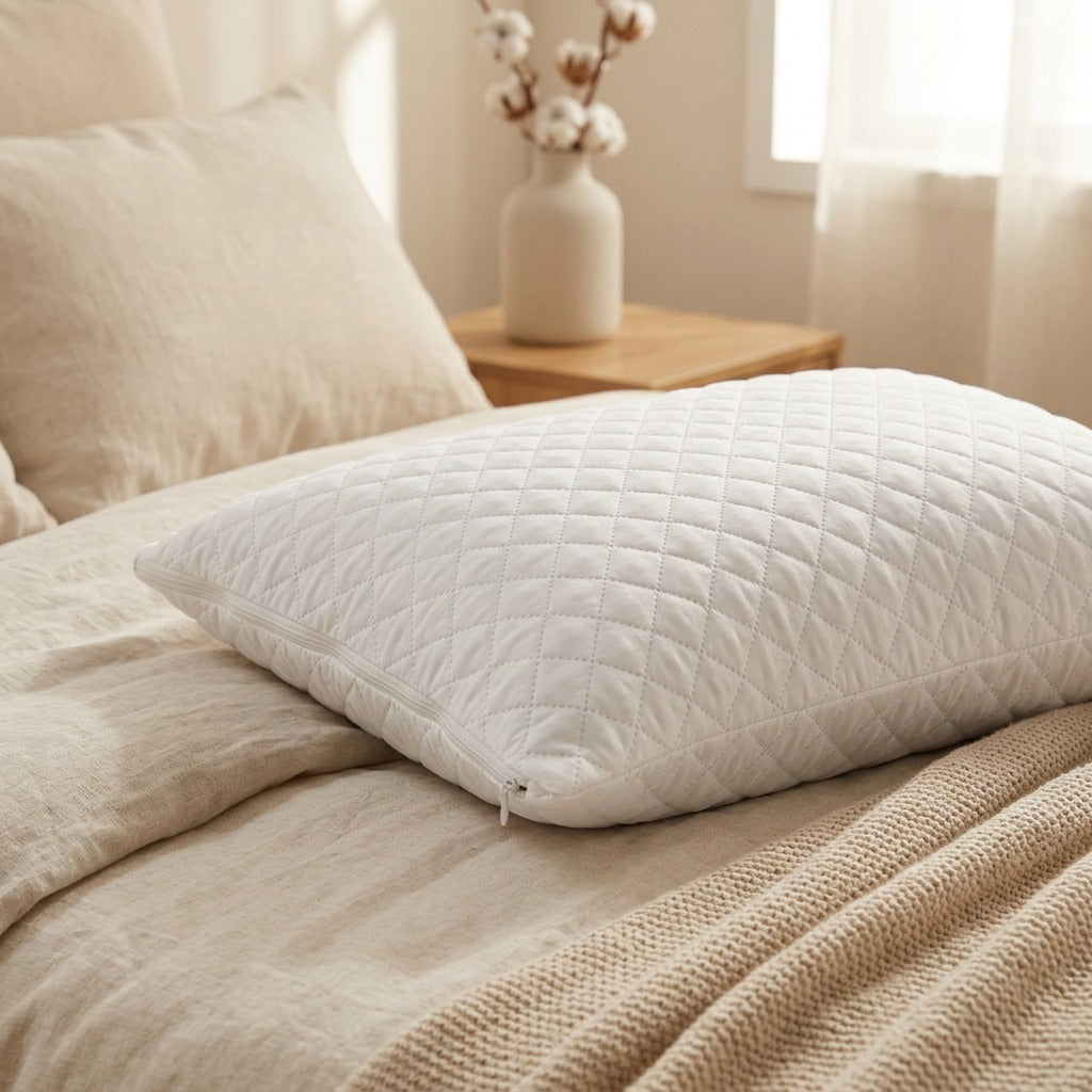 Quiltveil™ Quilted Pillow Core Cover, styled close view