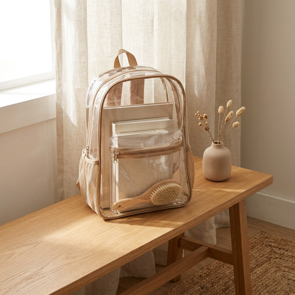 Clearcarry™ Transparent PVC School Backpack in a calm home setting