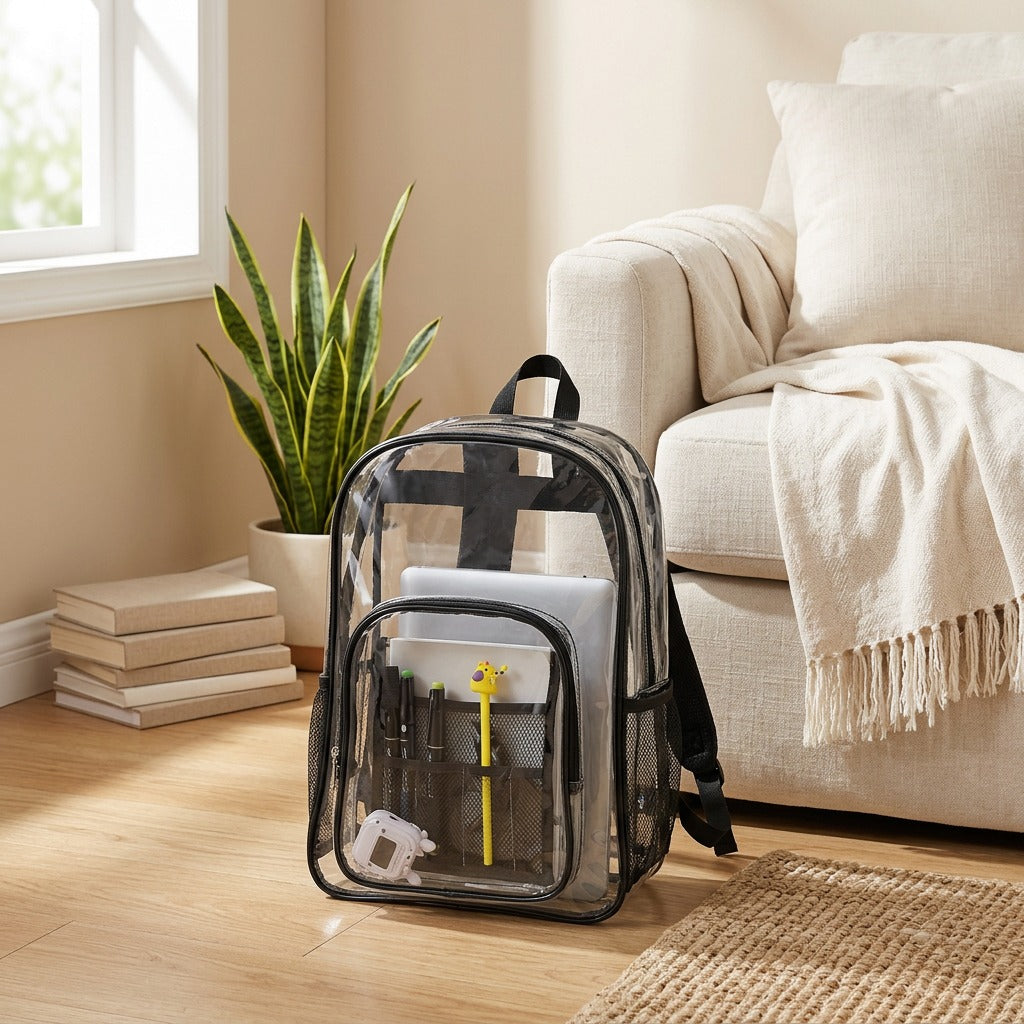 Viewpack™ Transparent PVC Backpack in a calm home setting