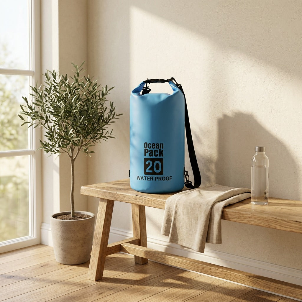 Shoreseal™ PVC Waterproof Beach Bag in a calm home setting