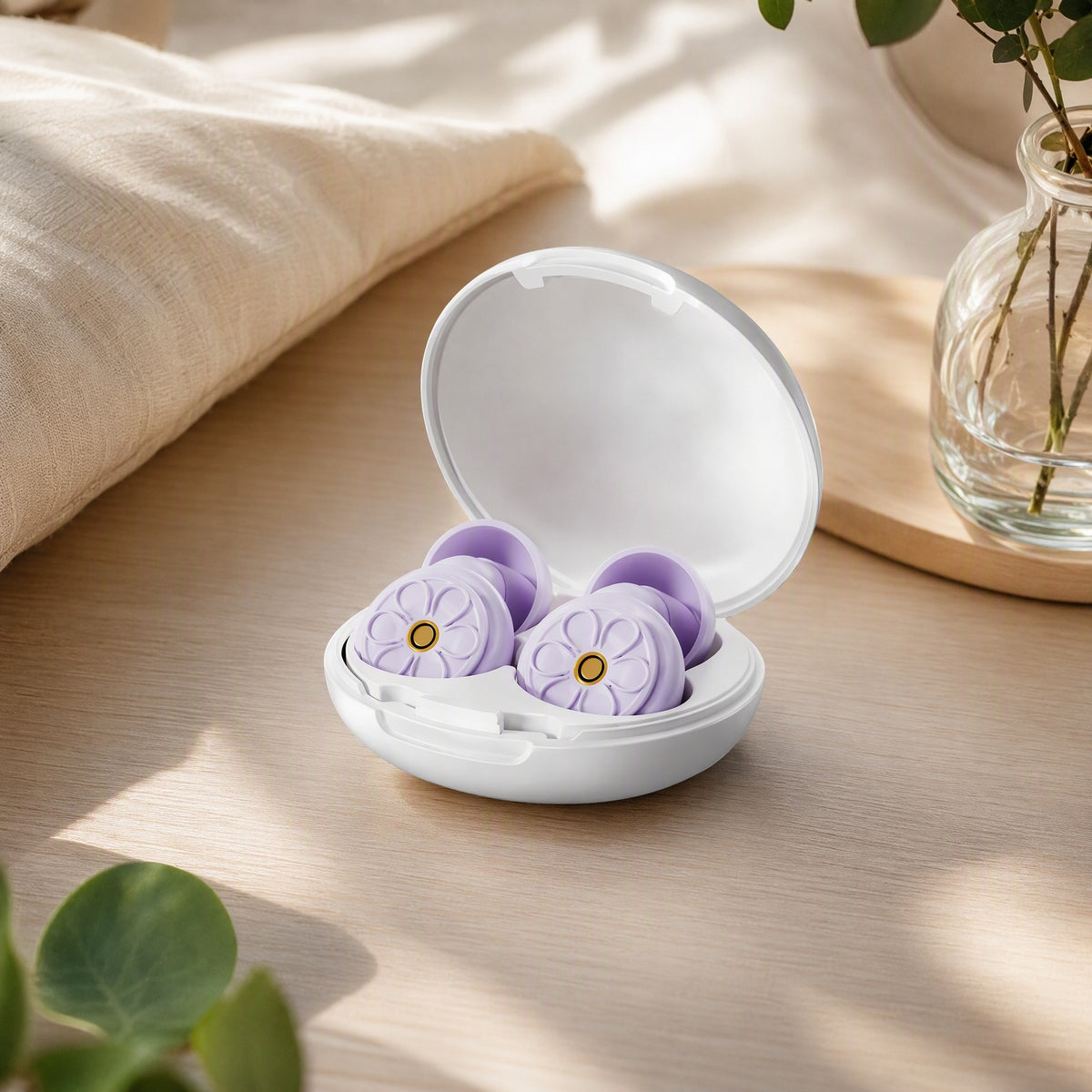 Softmuffle™ Soft Silicone Soundproof Earplugs in a calm home setting