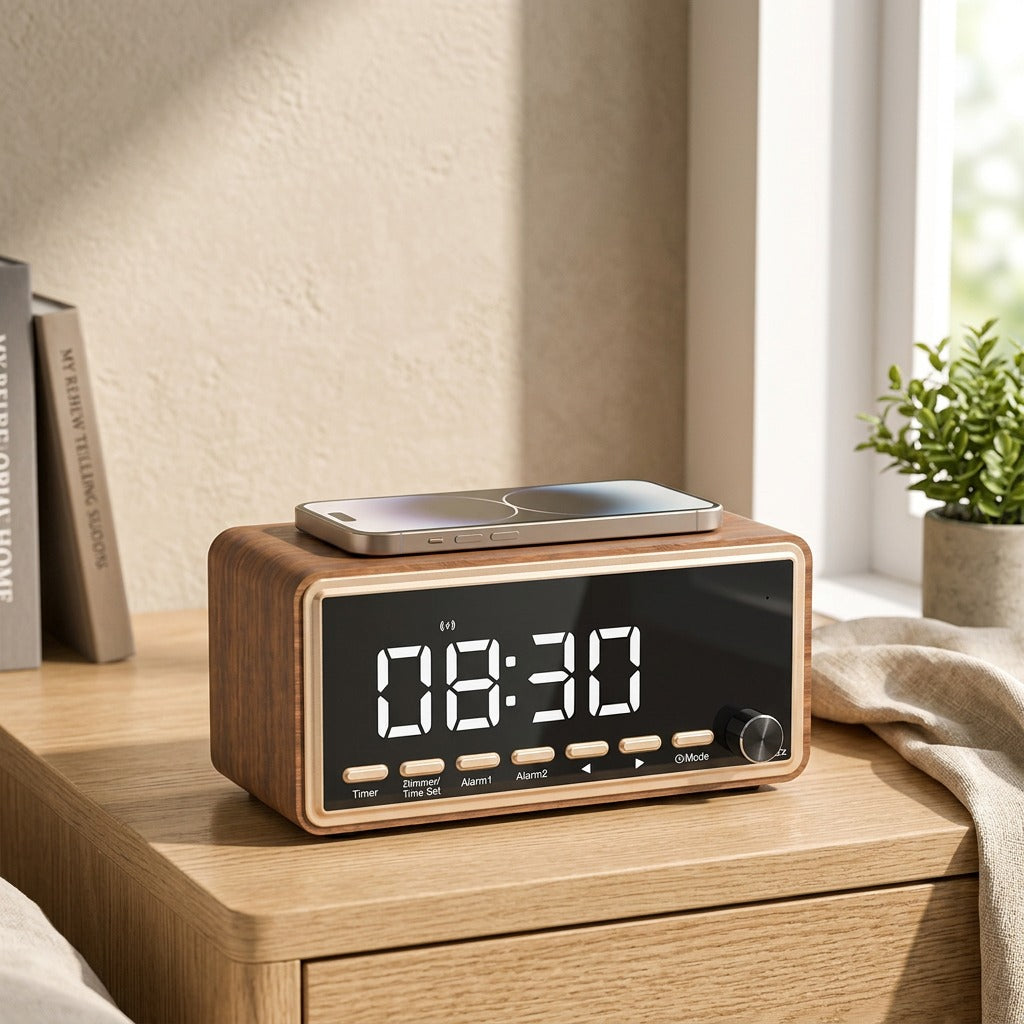 Oakchime™ Wooden Bluetooth Speaker Alarm Clock in a calm home setting