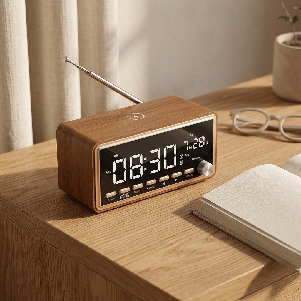 Oakchime™ Wooden Bluetooth Speaker Alarm Clock, styled close view