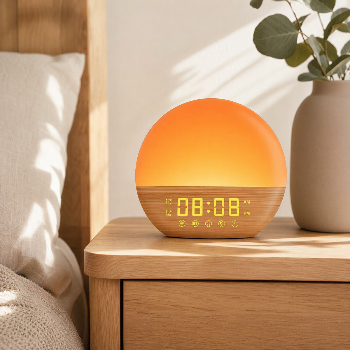 Oakrise™ Wood Grain Sunrise Alarm Clock in a calm home setting