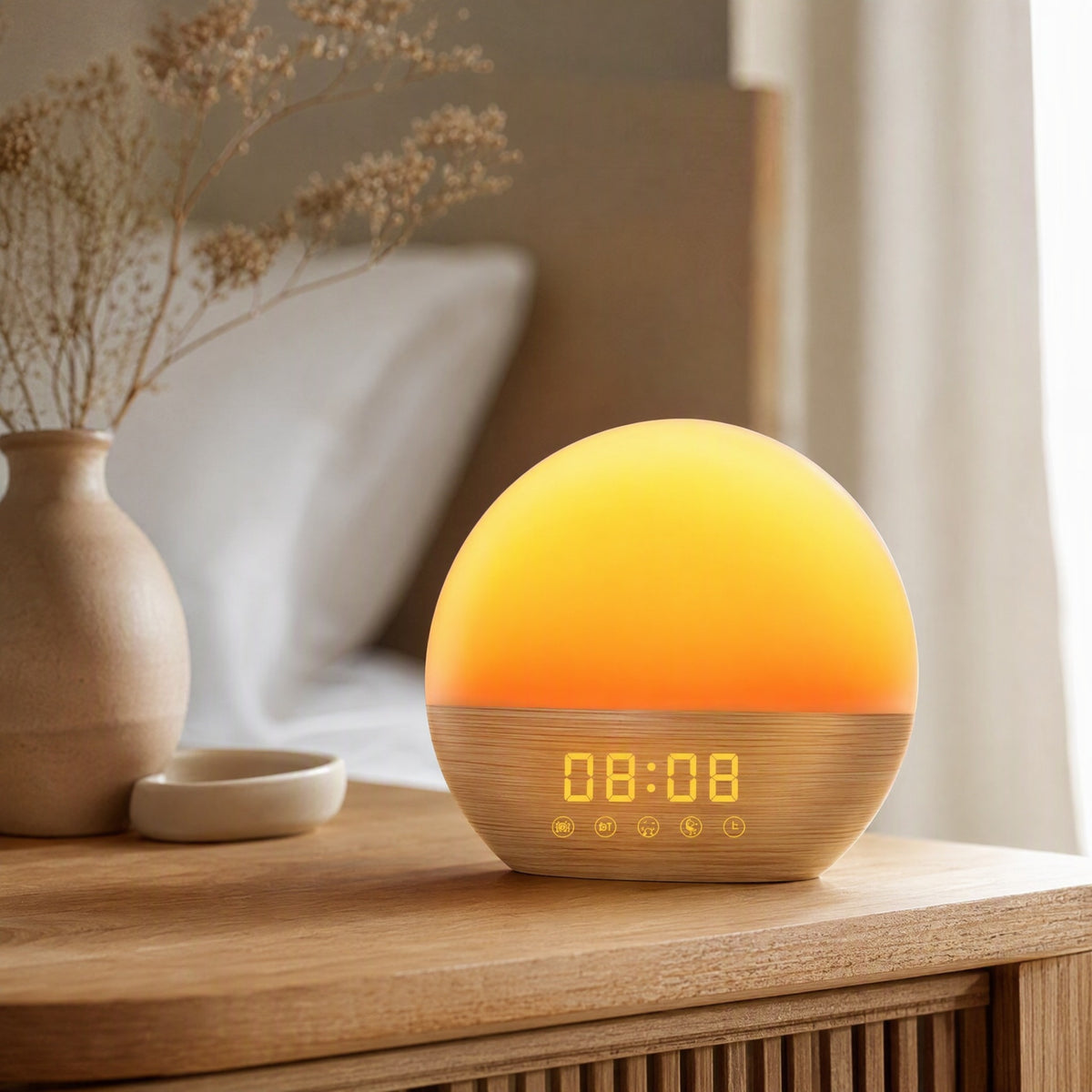 Oakrise™ Wood Grain Sunrise Alarm Clock, styled close view