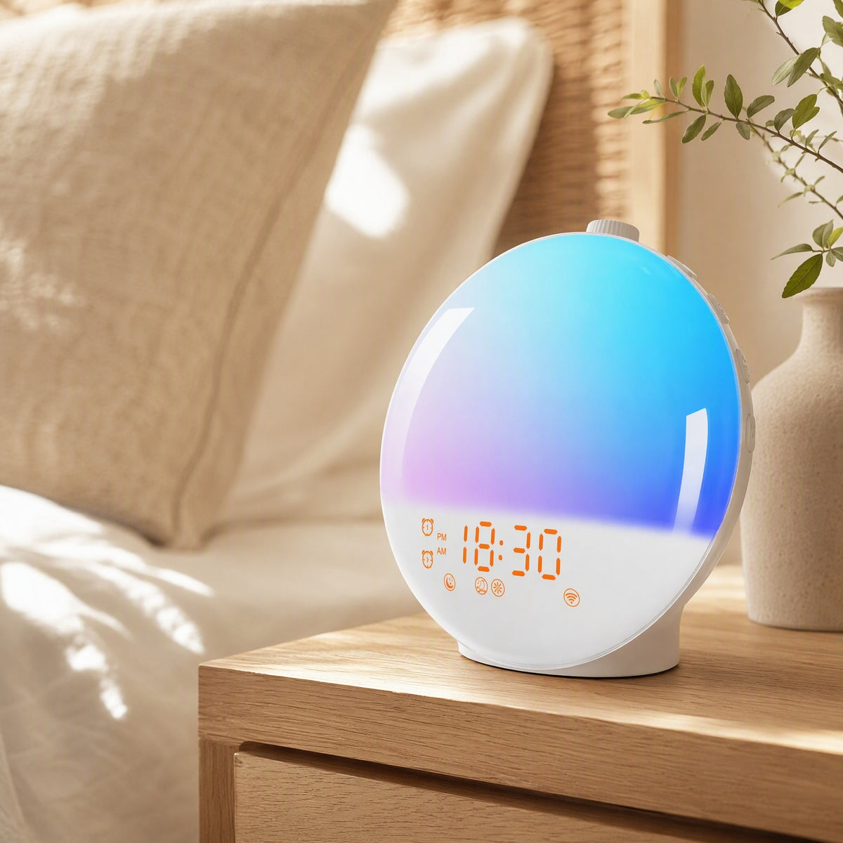Dawnbeat™ Sunrise Alarm Clock With Bluetooth Speaker in a calm home setting
