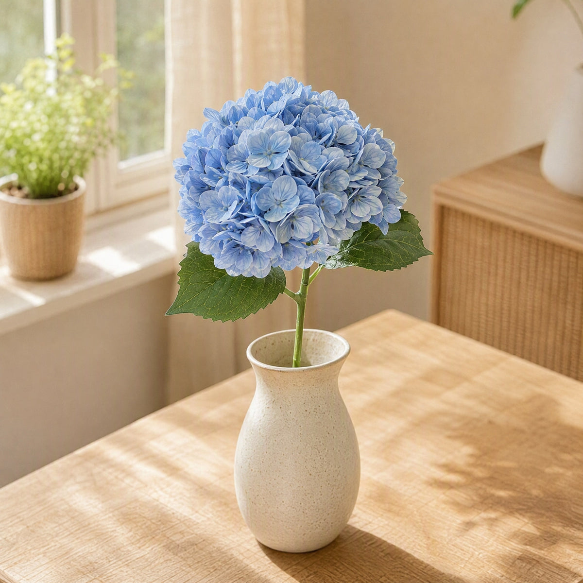 Hydrabloom™ Silk Single-Stem Hydrangea Fake Flower in a calm home setting
