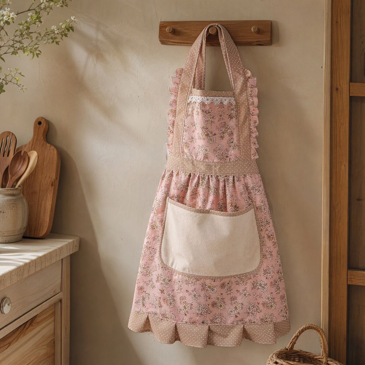 Bloombib™ Floral Canvas Kitchen Apron, styled close view