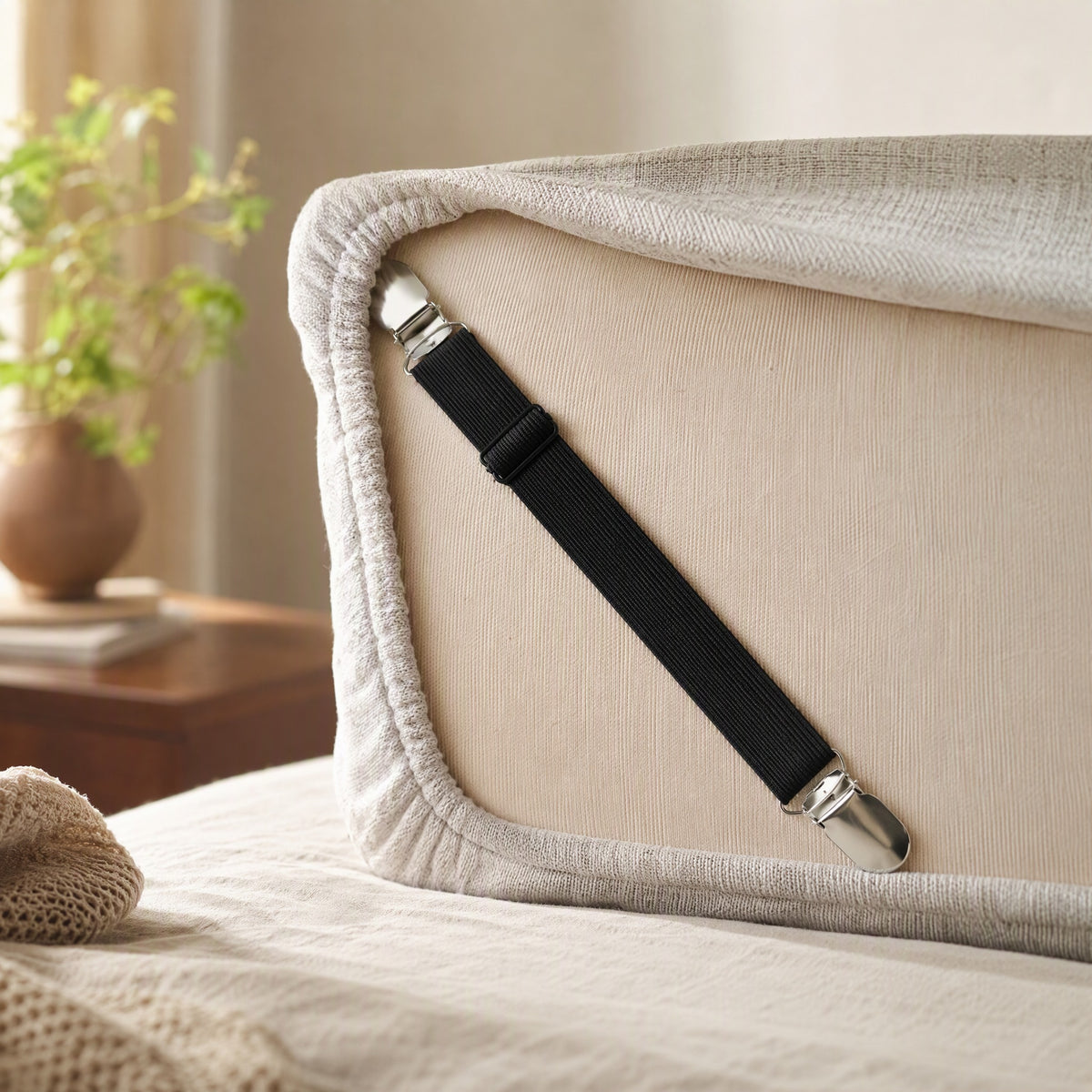 Steelhold™ Stainless Steel Bed Sheet Fasteners, styled close view
