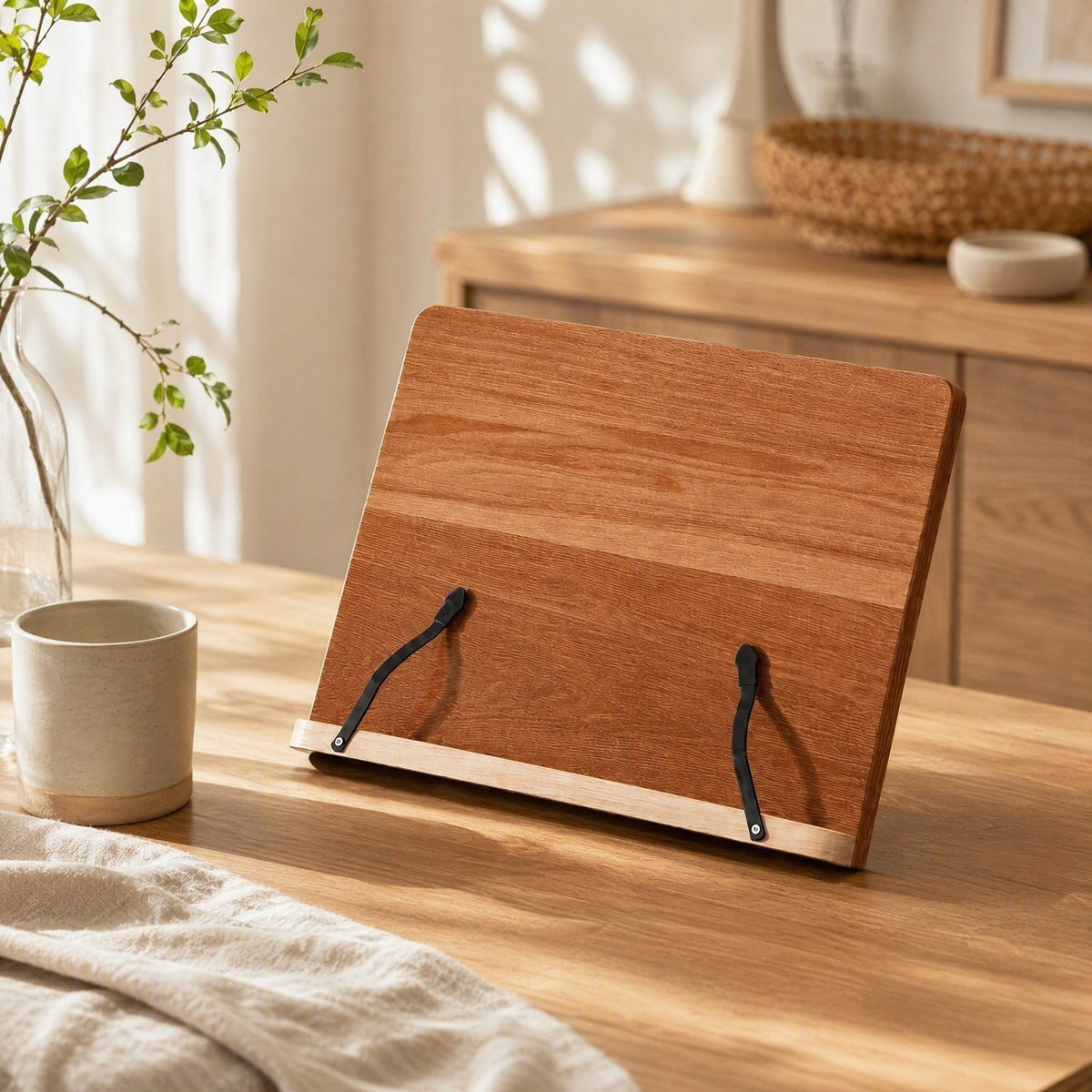Readtilt™ Adjustable Desktop Book Stand in a calm home setting