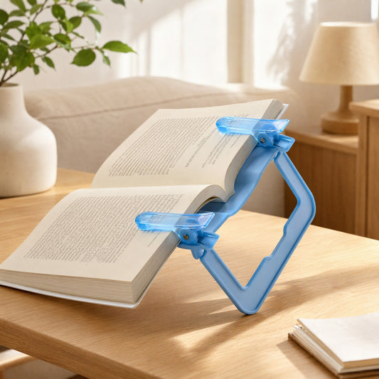 Pageclip™ Foldable Double-Clip Book Holder in a calm home setting