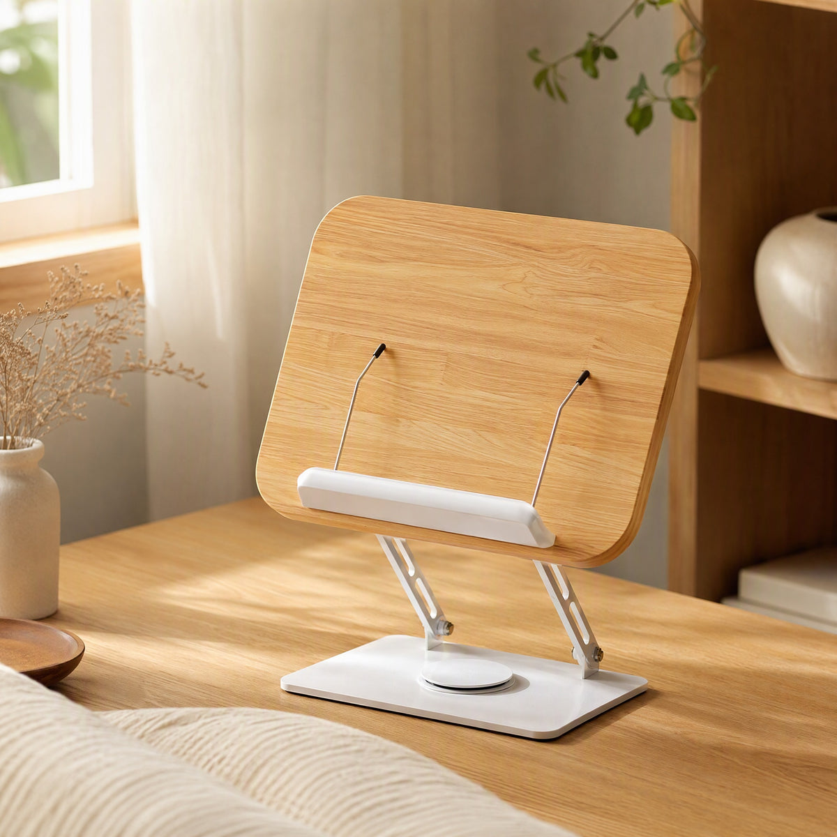 Pagewheel™ Metal Rotating Book Stand in a calm home setting