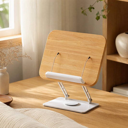 Pagewheel™ Metal Rotating Book Stand in a calm home setting