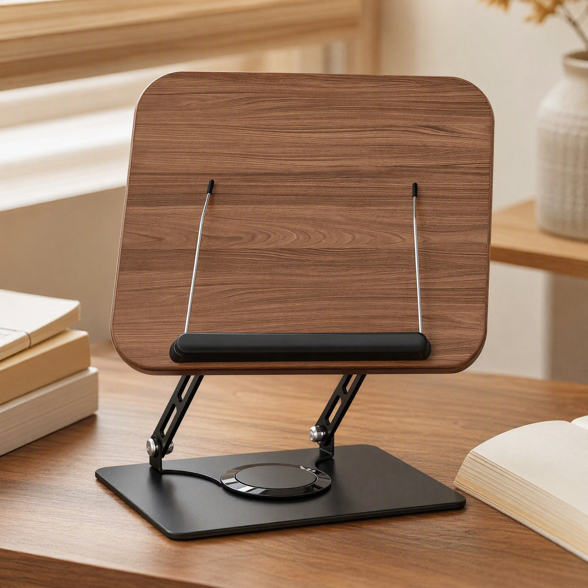 Pagewheel™ Metal Rotating Book Stand, styled close view