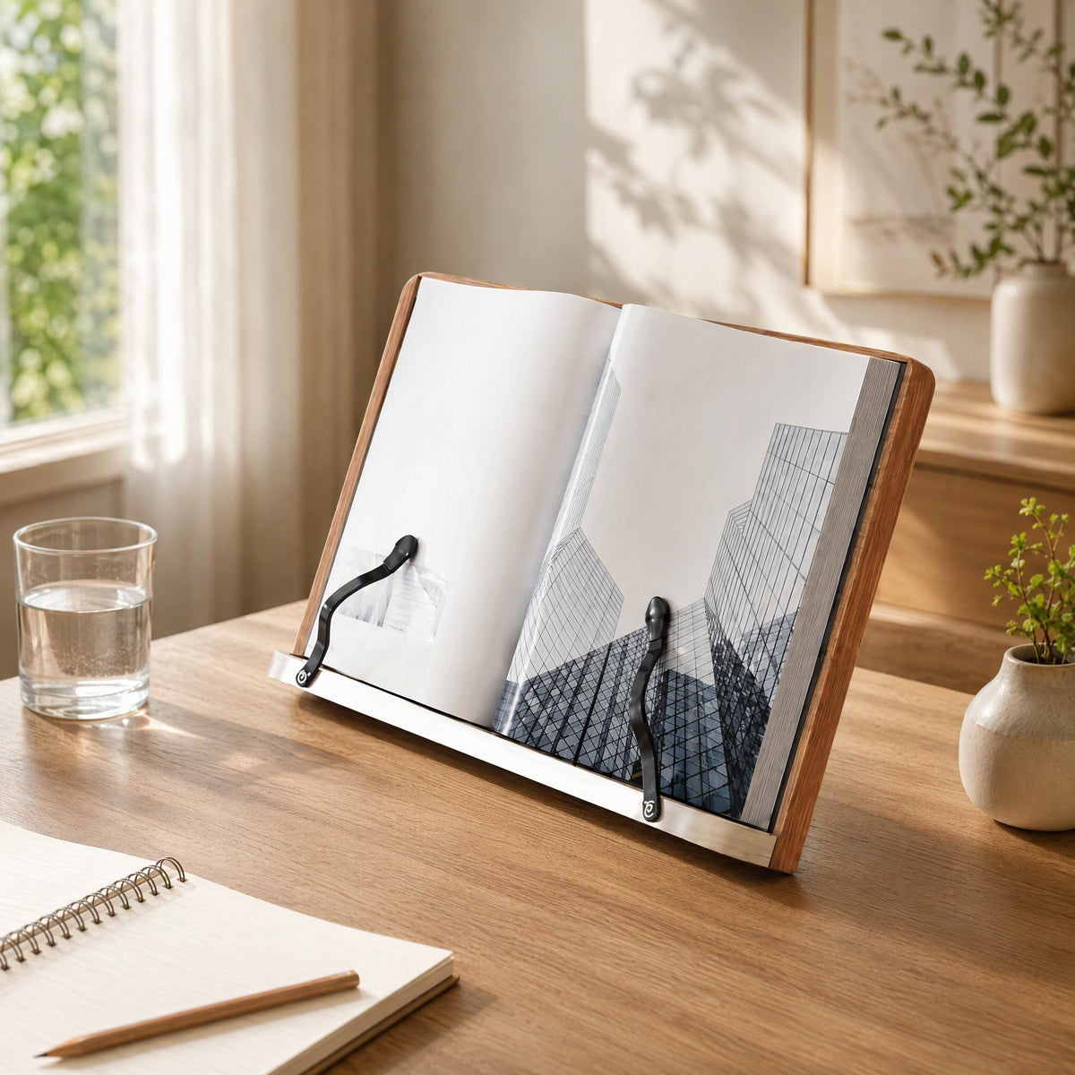Pagepivot™ Adjustable Desktop Book Stand in a calm home setting