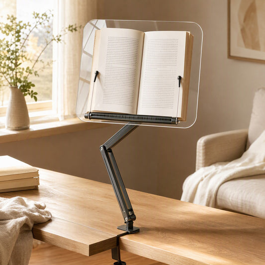Turntable™ 360-Degree Rotating Metal Book Stand in a calm home setting
