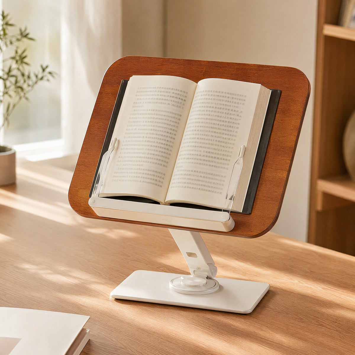 Oakswivel™ Oak Adjustable Rotating Book Stand, styled close view