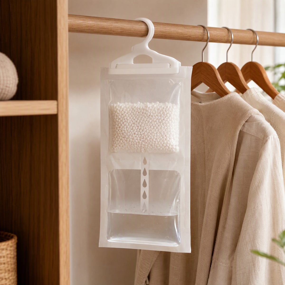 Wardrobease™ Hanging Wardrobe Dehumidification Bag in a calm home setting