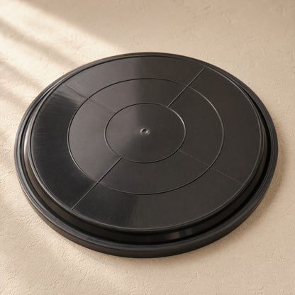 Roundrest™ Round Black Plastic Flower Pot Tray, material and detail close-up