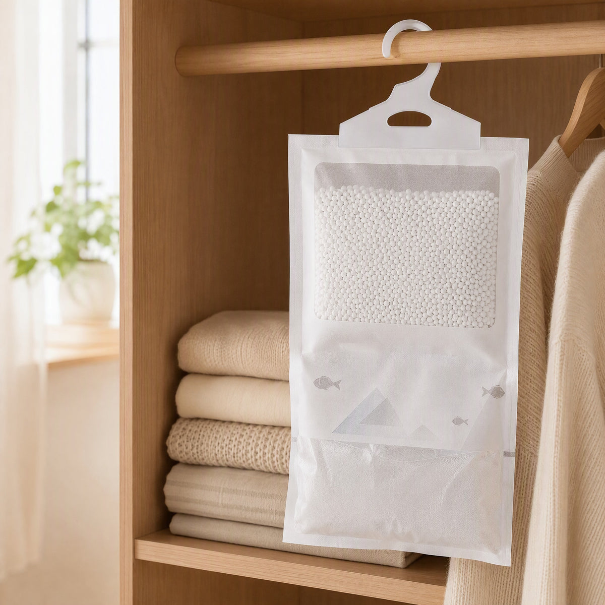 Calcidry™ Calcium Chloride Dehumidification Bag in a calm home setting