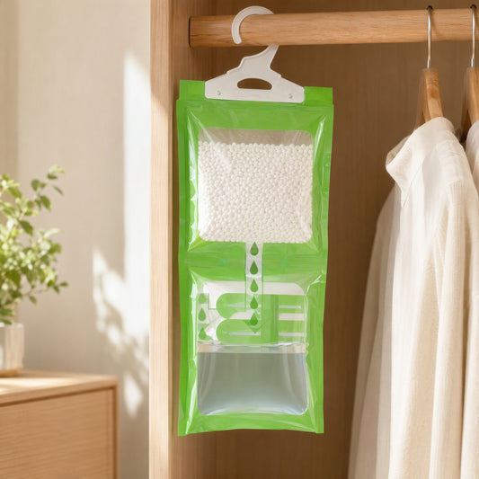 Dryperch™ Hanging Desiccant Dehumidification Bag in a calm home setting