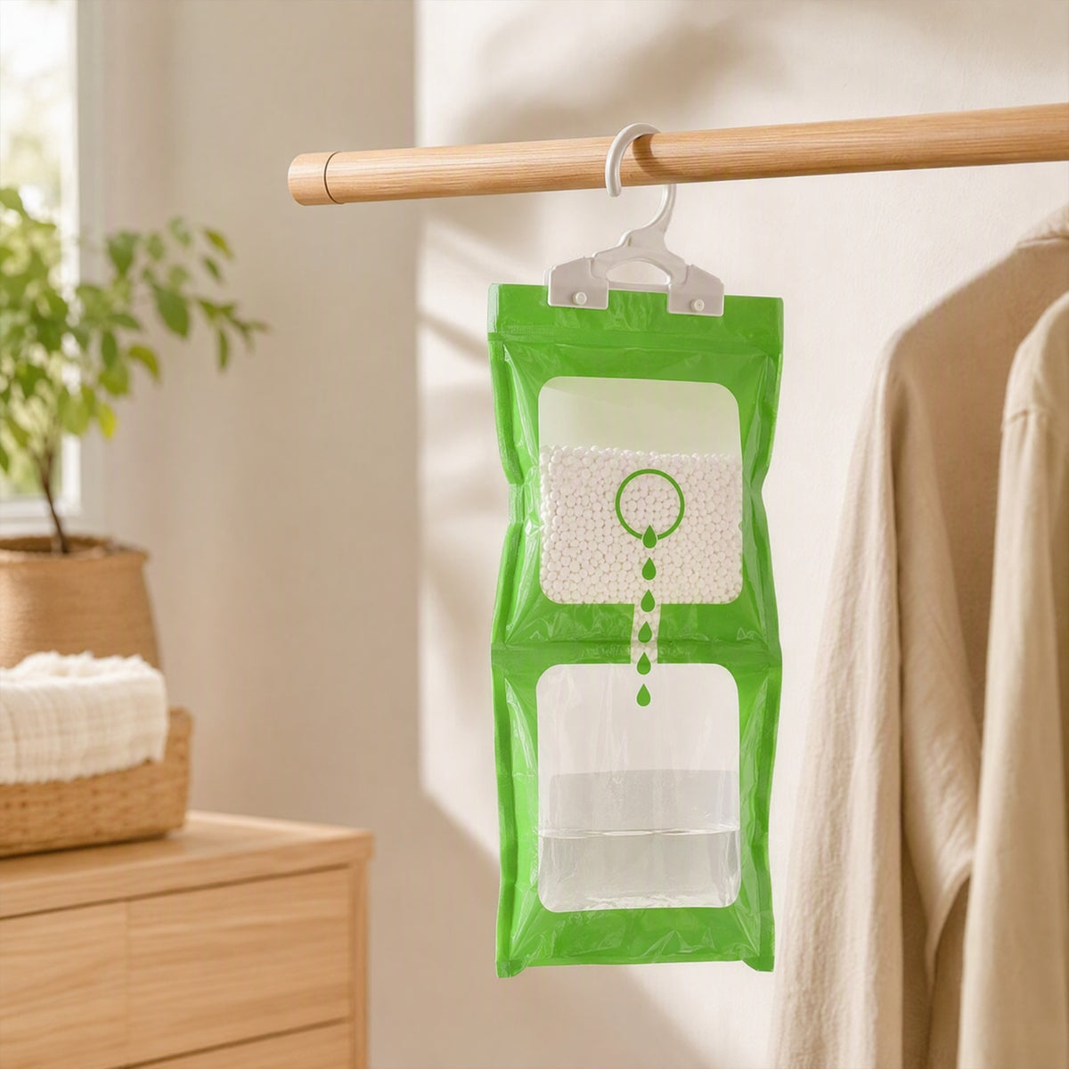 Dewdraw™ Hanging Moisture Absorption Bag in a calm home setting