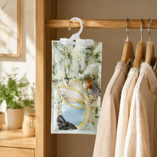 Hangdry™ Hangable 100g Dehumidification Bag in a calm home setting