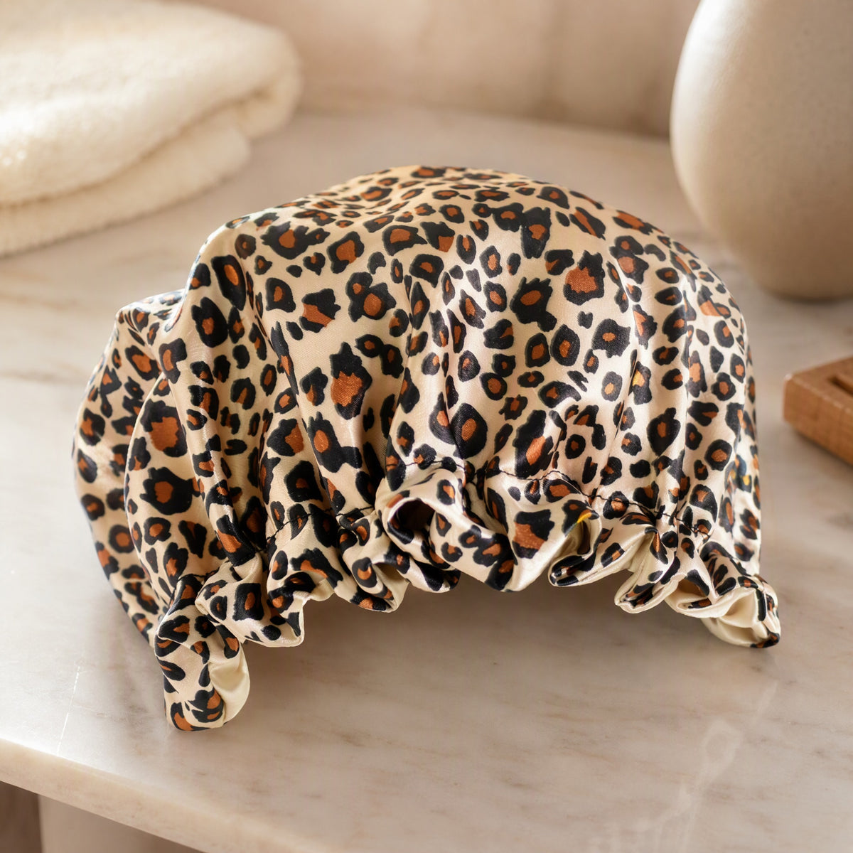 Satinsoft™ Children’s Satin Shower Cap, styled close view