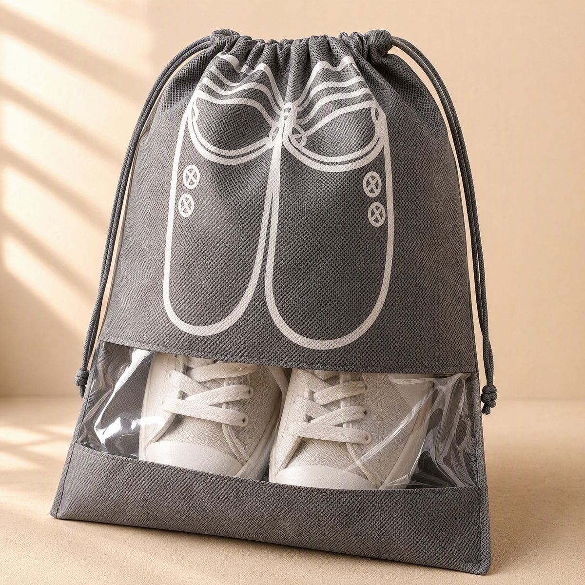 Shoehush™ Nonwoven Drawstring Shoe Storage Bag, material and detail close-up