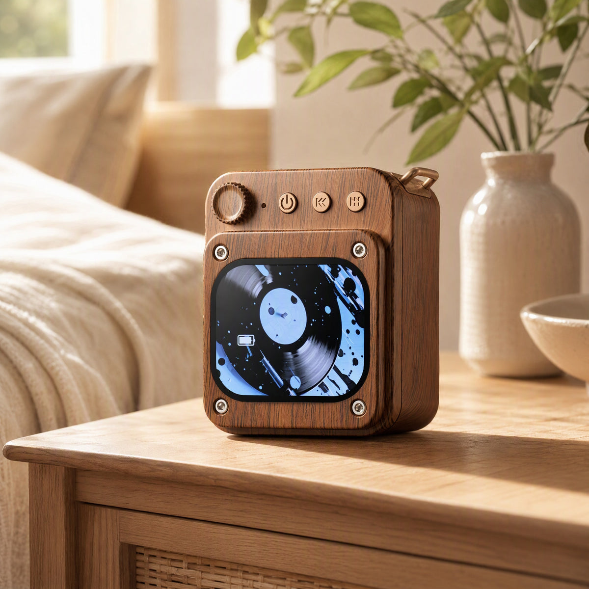 Oaknote™ Wood Grain Bluetooth Speaker in a calm home setting